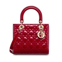 Medium Lady Dior Bag In Patent Cannage Calfskin Red/Gold