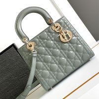 Medium Lady Dior Bag In Patent Cannage Calfskin Rock Grey