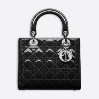 Medium Lady Dior Bag In Patent Cannage Calfskin Black/Silver