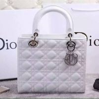 Medium Lady Dior Bag In Patent Cannage Calfskin White/Silver