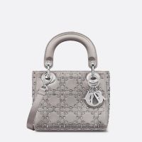 Mini Lady Dior Bag In Strass Cannage Satin Grey