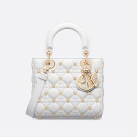 Small Lady Dior Bag Cannage Lambskin with Butterfly Studs White