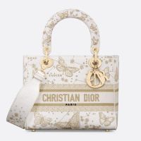 Medium Lady D-lite Bag In Butterfly Zodiac Motif Canvas White/Gold