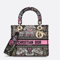 Medium Lady D-lite Bag In Flowers Around the World Motif Canvas Black