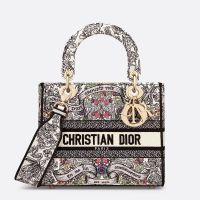 Medium Lady D-lite Bag In Flowers Around the World Motif Canvas White