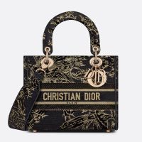 Medium Lady D-lite Bag In Jardin d'Hiver Motif Canvas Black