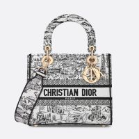 Medium Lady D-lite Bag Paris Allover Motif Canvas White