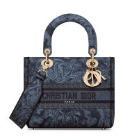 Medium Lady D-lite Bag In Toile de Jouy Motif Denim Navy Blue