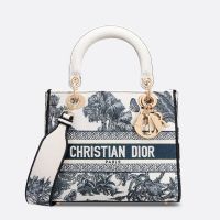 Medium Lady D-lite Bag In Toile de Jouy Palms Motif Canvas White/Blue