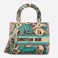 Medium Lady D-lite Bag In Toile de Jouy Sauvage Motif Raffia Beige/Blue