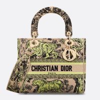 Medium Lady D-lite Bag In Toile de Jouy Sauvage Motif Raffia Beige/Lemon