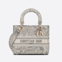 Medium Lady D-lite Bag In Toile de Jouy Motif Canvas Grey