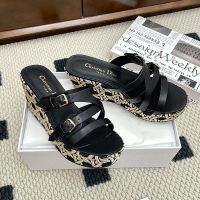 L'Amazone Dior Wedge Slides Women Calfskin and Graphic Cannage Raffia Black