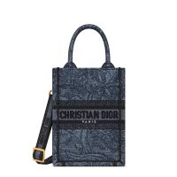 Mini Vertical Dior Book Tote with Strap In Toile De Jouy Motif Denim Navy Blue
