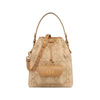 Small Dior Caro Bucket Bag In Cannage Raffia Beige