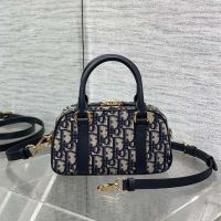Small Dior D-Vibe Bowling Bag In Oblique Motif Canvas Blue