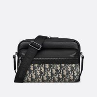 Small Dior Rider 2.0 Zipped Messenger Bag In Grained Calfskin and Oblique Motif Canvas Black/Blue