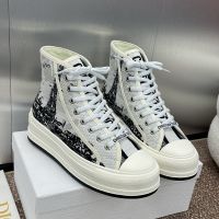 Walk'n'Dior High-Top Platform Sneakers Women Cotton Embroidered with Paris Eiffel Tower Motif White