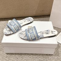 Christian Dior Dway Slides Women Cotton and Toile de Jouy Palms Motif White/Blue