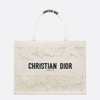 Dior Book Tote In D-Lace Butterfly Macrame Embroidery White