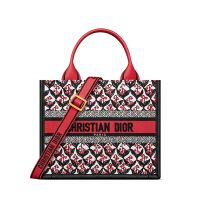 Dior Book Tote with Strap In Dioramour Lily Of The Valley Embroidery and Calfskin Red