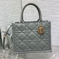 Dior Book Tote with Strap In Macrocannage Calfskin Stone Grey