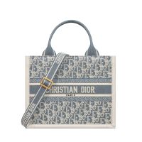 Dior Book Tote with Strap In Oblique Chambray Embroidery and Calfskin Blue
