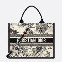 Dior Book Tote with Strap In Toile De Jouy Zodiac Embroidery and Calfskin White