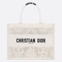 Dior Book Tote In Toile De Jouy Soleil Macrame Embroidery White
