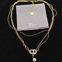 Dior CD Triple Necklace Metal with CD Signature Embellished Crystals and Resin Pearl Gold