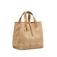 Dior Toujours Vertical Tote Bag In Cannage Raffia Beige