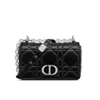 Small Dior Caro Bag In Macrocannage Lambskin Black/Silver