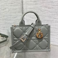 Mini Dior Book Tote with Strap In Macrocannage Calfskin Stone Grey