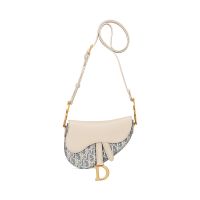 Mini Dior Soft Saddle Bag with Strap In Oblique Chambray Raffia and Smooth Calfskin Blue