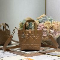 Nano Dior Toujours Vertical Tote Bag In Macrocannage Calfskin Brown