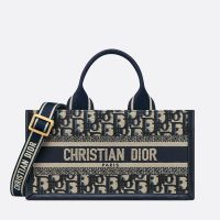 Small East-West Dior Book Tote with Strap In Oblique Jacquard and Calfskin Blue
