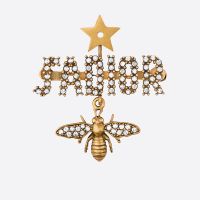 J'Adior Brooch Antique Metal with Star Charm, J'Adior Signature and Bee Charm Embellished Crystals Gold