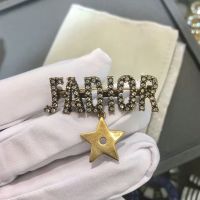J'Adior Brooch Antique Metal with J'Adior Signature Embellished Crystals and Star Charm Gold