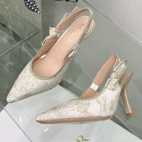 J'Adior Slingback Pumps Women Toile de Jouy Mexico Motif Canvas White/Gold