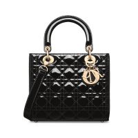 Medium Lady Dior Bag In Patent Cannage Calfskin Black/Gold