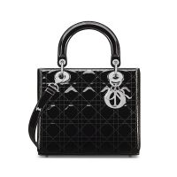Medium Lady Dior Bag In Patent Cannage Calfskin Black/Silver