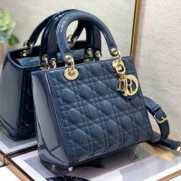 Medium Lady Dior Bag In Patent Cannage Calfskin Blue