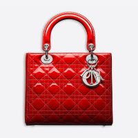 Medium Lady Dior Bag In Patent Cannage Calfskin Red/Silver