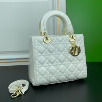 Medium Lady Dior Bag In Patent Cannage Calfskin White/Gold