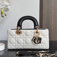 Small Lady D-Joy Bag In Enamel Cannage Lambskin White/Black