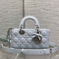 Small Lady D-Joy Bag with Detachable Bow in Cannage Lambskin Glacier Blue