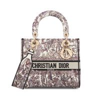 Medium Lady D-Lite Bag in 4 Saisons Ete Embroidery White/Grey