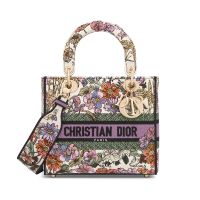 Medium Lady D-Lite Bag in 4 Saisons Ete Embroidery White/Purple