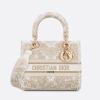 Medium Lady D-lite Bag In Butterfly Around The World Motif Canvas White/Gold