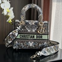 Medium Lady D-lite Bag In Butterfly Around The World Motif Canvas White/Green